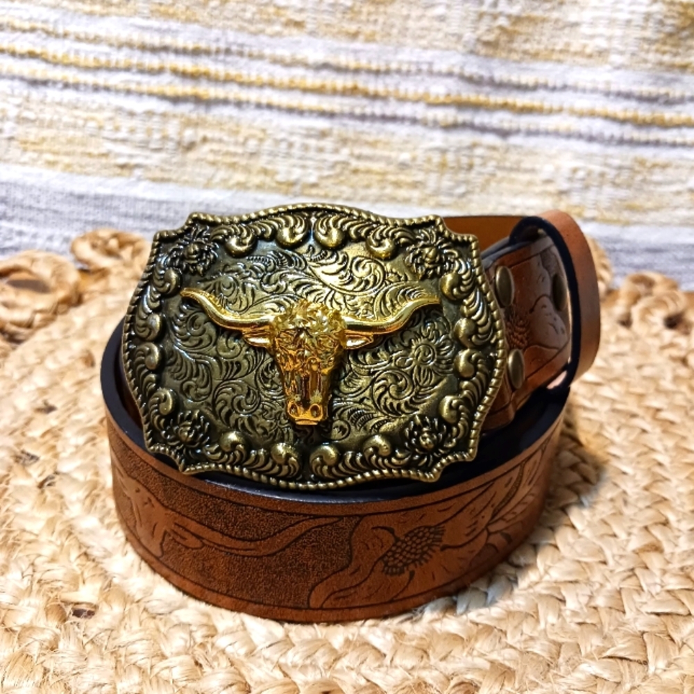 Tooled Floral Steer Brown Leather Belt / Brass Gold Tone Western Buckle 41